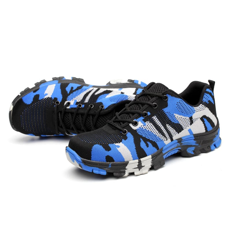 Pair of blue camouflage Soldier Shoes with one shoe turned on its side. 800 x 800