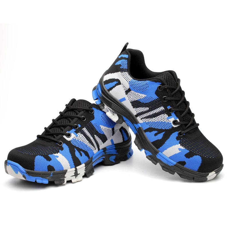 Angled pair of blue camouflage Soldier Shoes with one shoe on top of the other