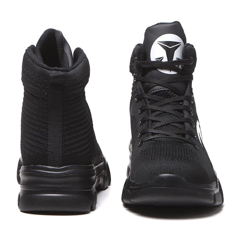 Front and back view of black high top pair of Commando shoes 800 x 800