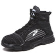Load image into Gallery viewer, Front angled view of high top black and white Commando shoe 640 x 640
